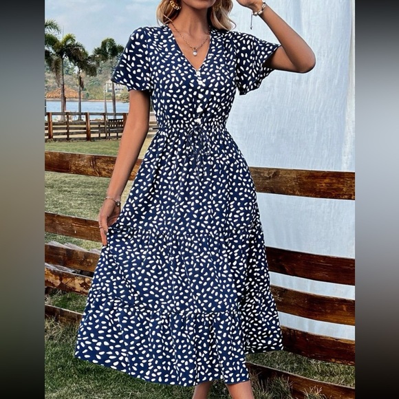 Dresses & Skirts - Boho Dalmatian print tie waist ruffle hem dress